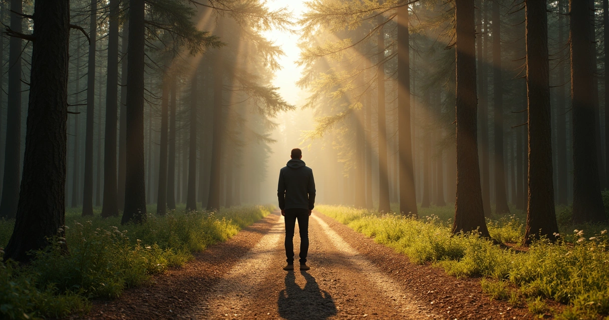 Pessoa de costas olhando dois caminhos diferentes em uma trilha