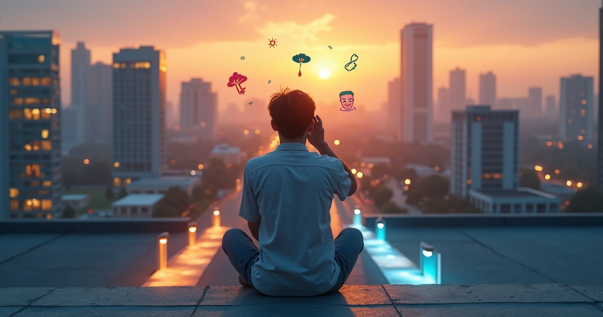 Jovem sentado em encruzilhada profissional cercado por ícones de emoções e escolhas de carreira 