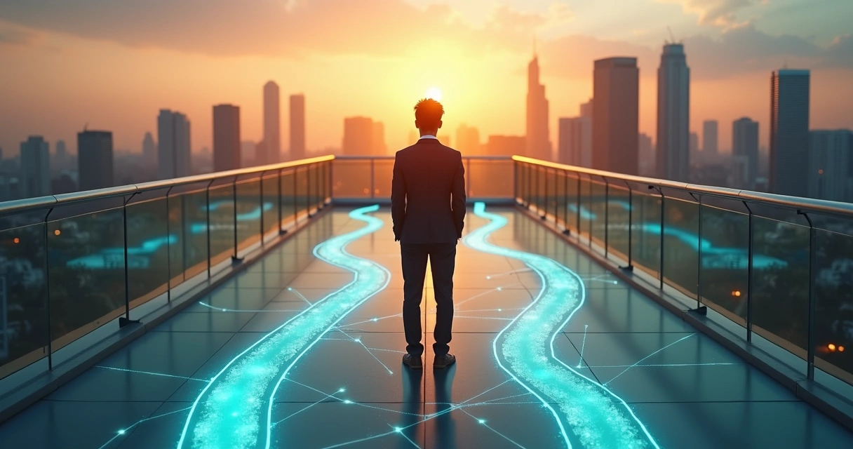 Profissional em encruzilhada de carreira diante de caminhos interligados por conexões sutis 