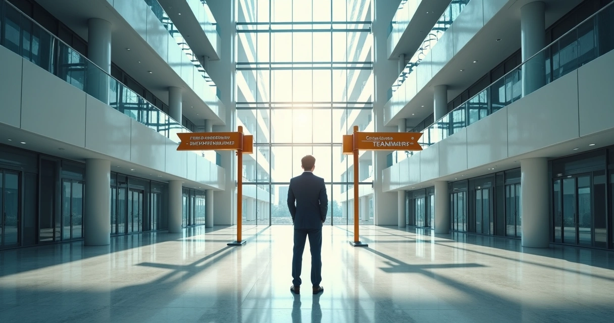 Pessoa parada em cruzamento de caminhos em ambiente corporativo 