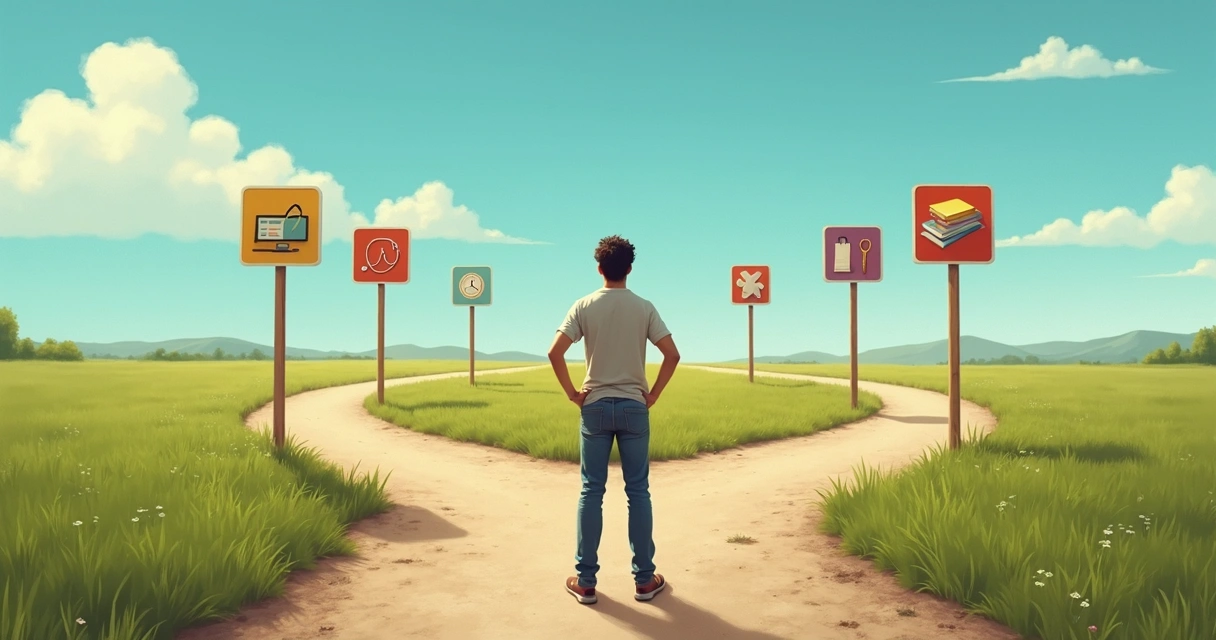 Pessoa olhando para vários caminhos possíveis em uma estrada bifurcada 