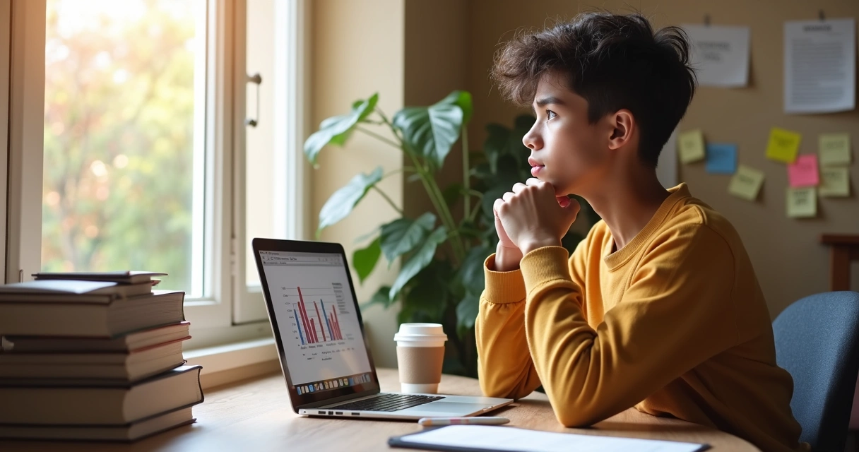 Jovem sentado em uma mesa com livros de um lado e laptop de outro, olhando indeciso para fora da janela