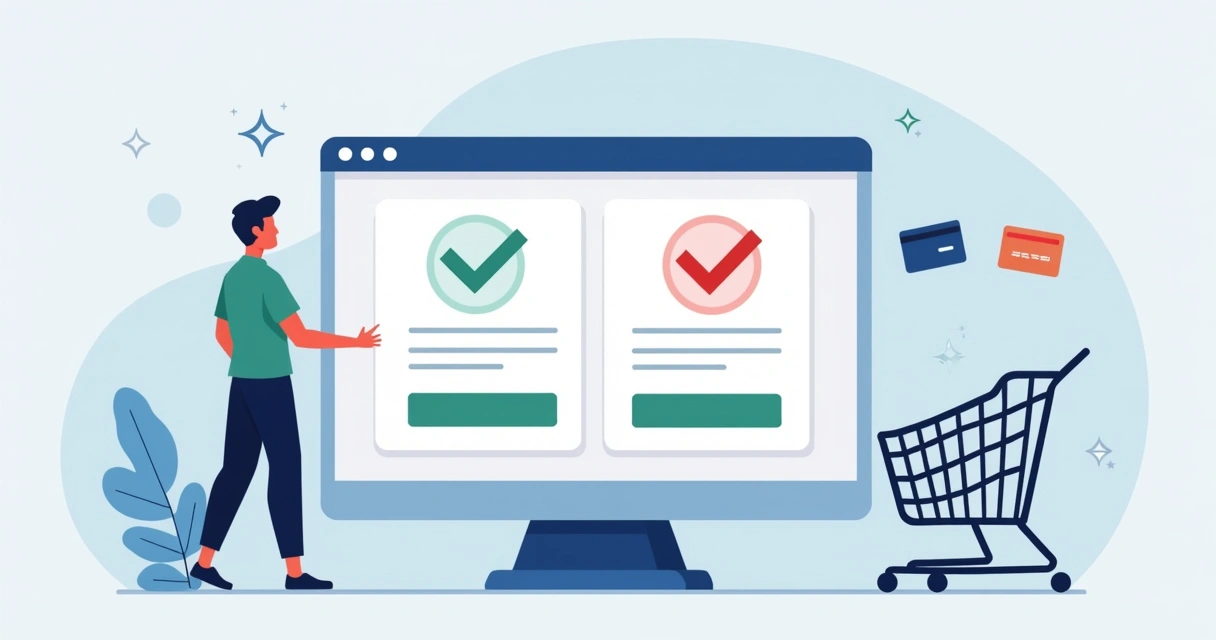 Pessoa analisando tela de checkout com duas opções lado a lado e setas mostrando conversão e abandono