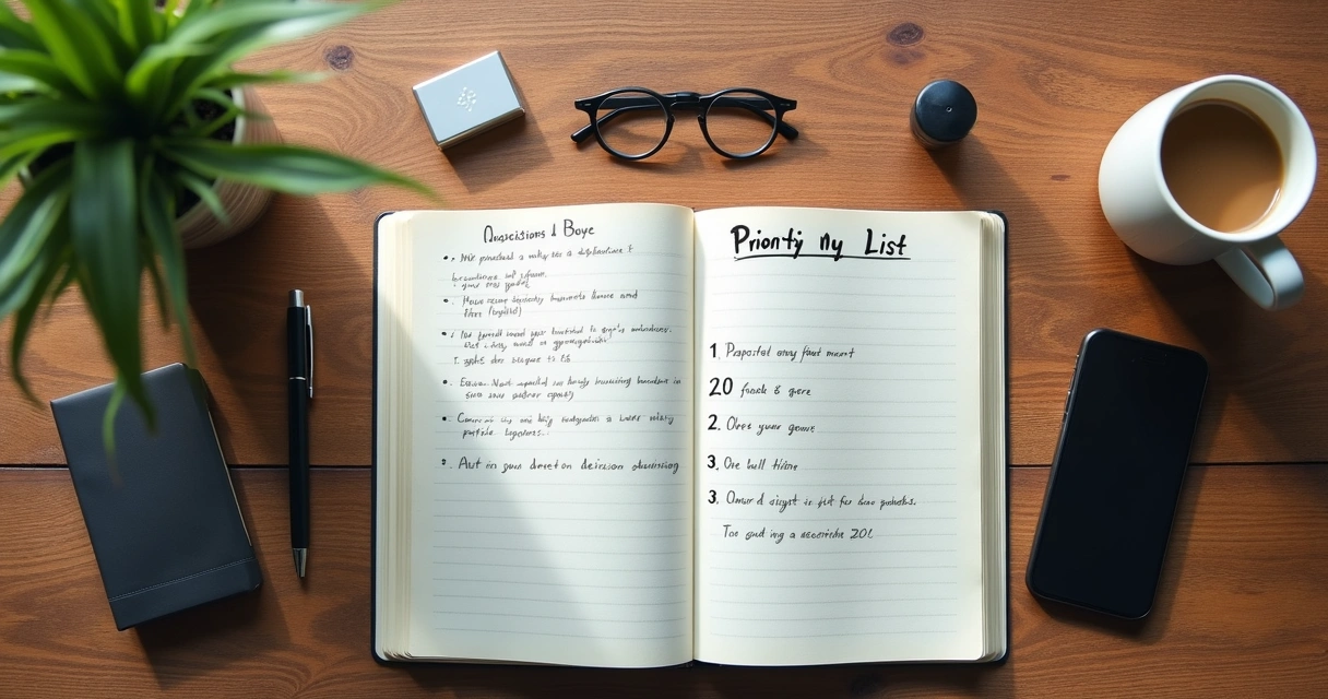 Caderno com lista de prioridades ao lado de café
