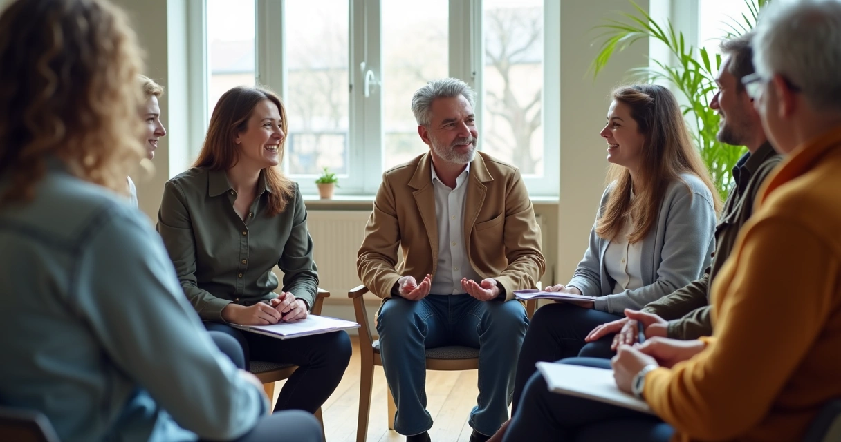Grupo conversando em um círculo mostrando respeito mútuo durante uma reunião. 