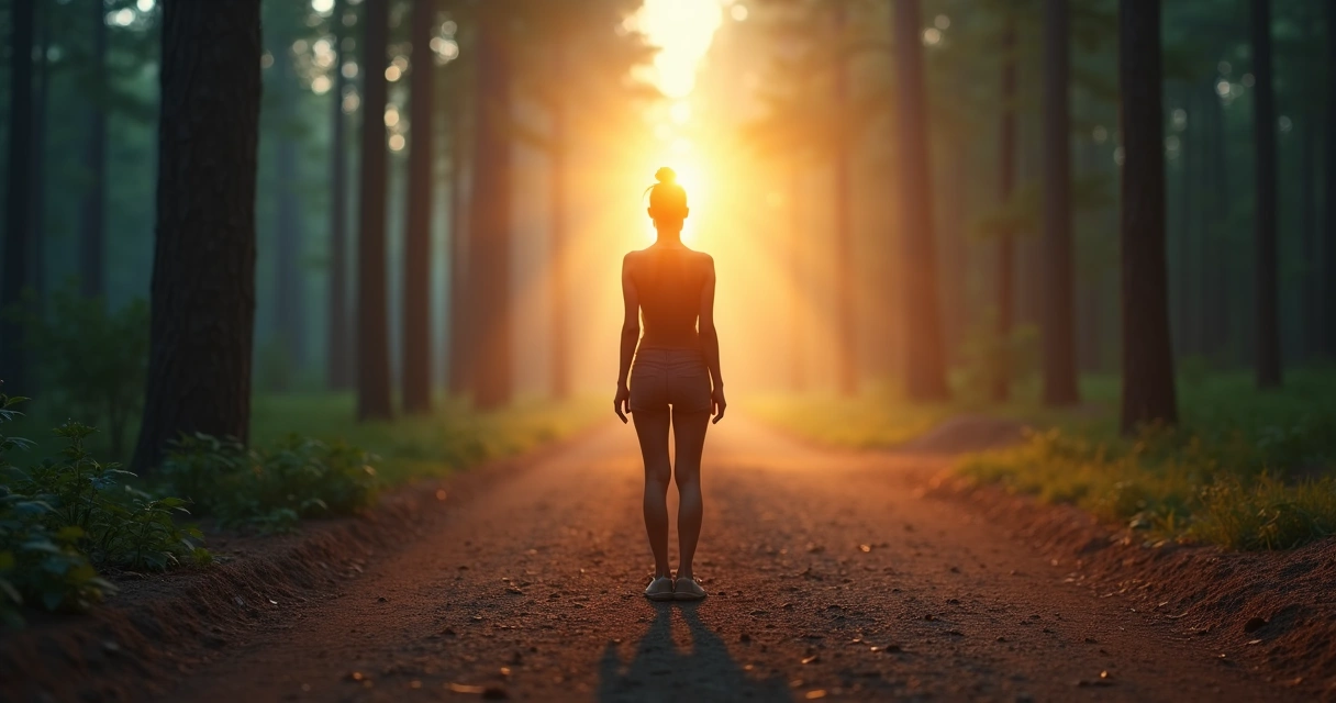 Pessoa em pé em encruzilhada iluminada escolhendo caminho alinhado com o coração 