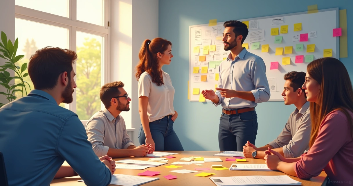 Equipe reunida ao redor de mesa, participando de decisão colaborativa com líder 