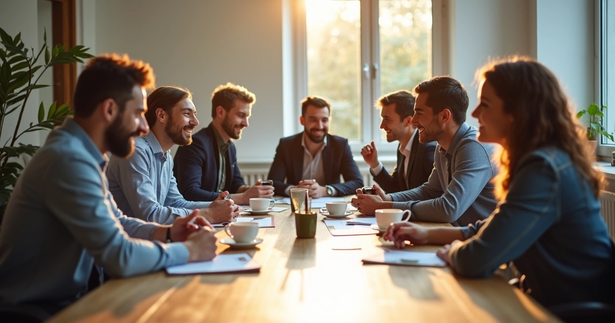 Equipe reunida fazendo pausa, conversando com expressões relaxadas 