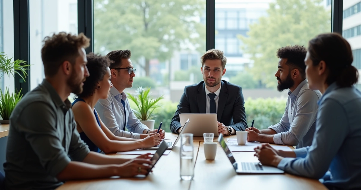Pessoas diversas tomando decisão em conjunto em sala de reunião 