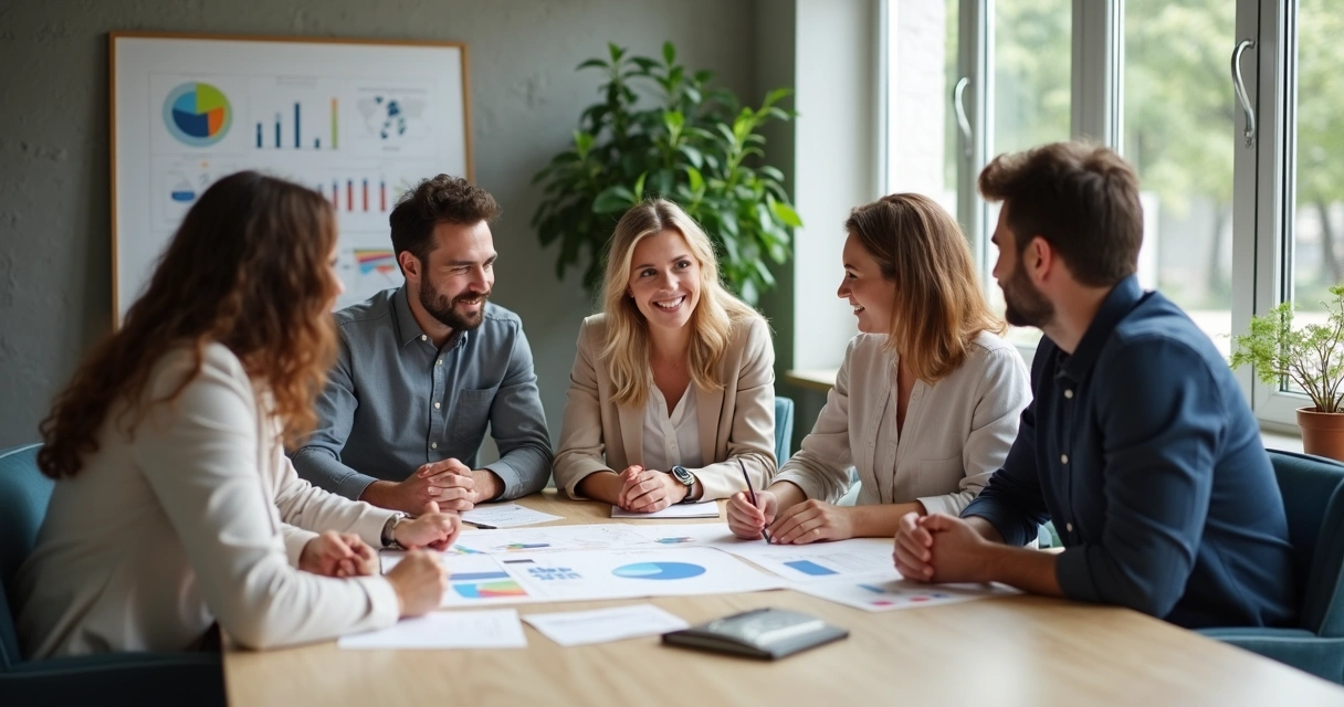 Grupo de pessoas sentadas ao redor de uma mesa tomando decisão em conjunto 