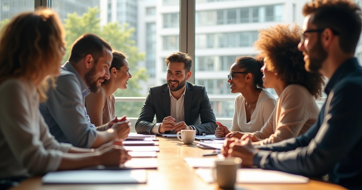 Grupo em reunião, pessoas mostrando emoções variadas enquanto analisam documentos em uma mesa. 