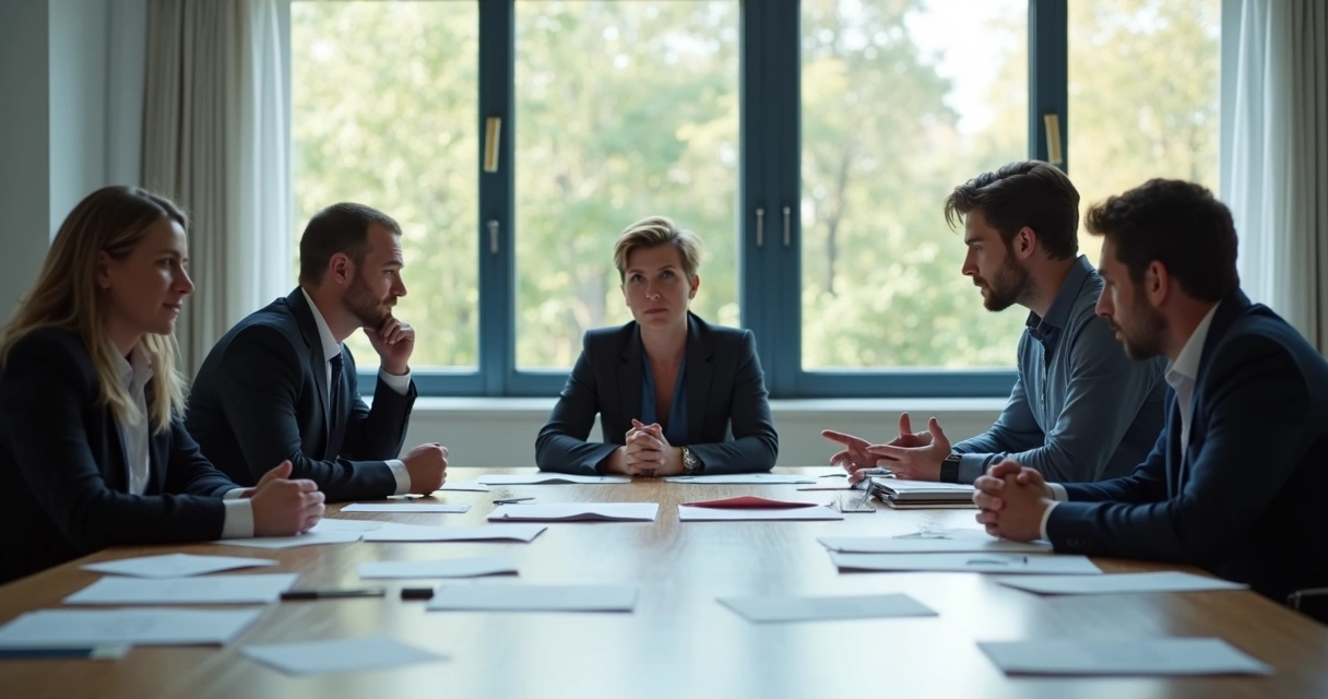 Pessoas sentadas ao redor de uma mesa, algumas discutindo, outras pensativas, ambiente de reunião com luz suave e focada 