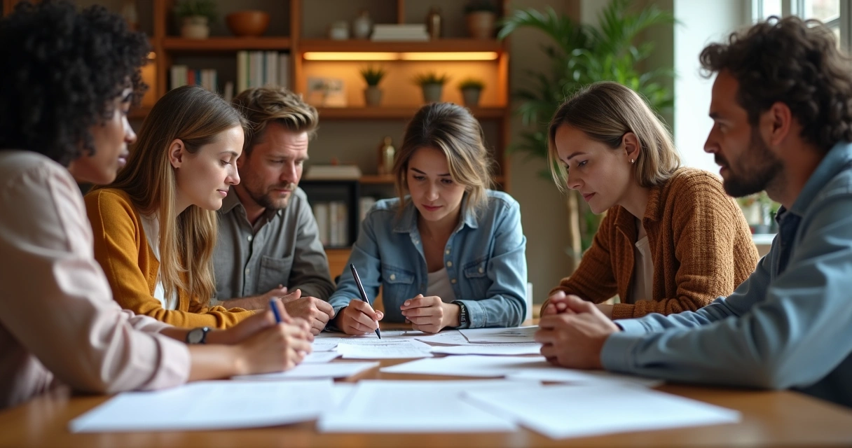 Grupo diverso ao redor de uma mesa discutindo solução para conflito com expressão séria