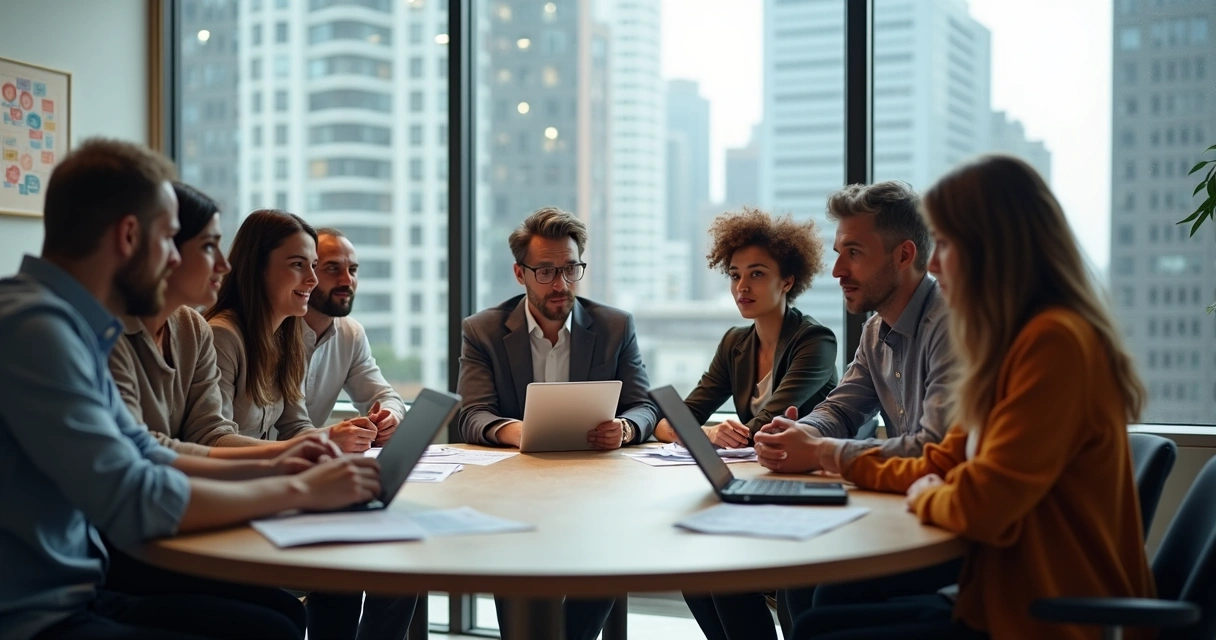 Grupo de pessoas reunidas ao redor de uma mesa redonda em ambiente moderno, expressando emoções variadas enquanto discutem uma decisão.