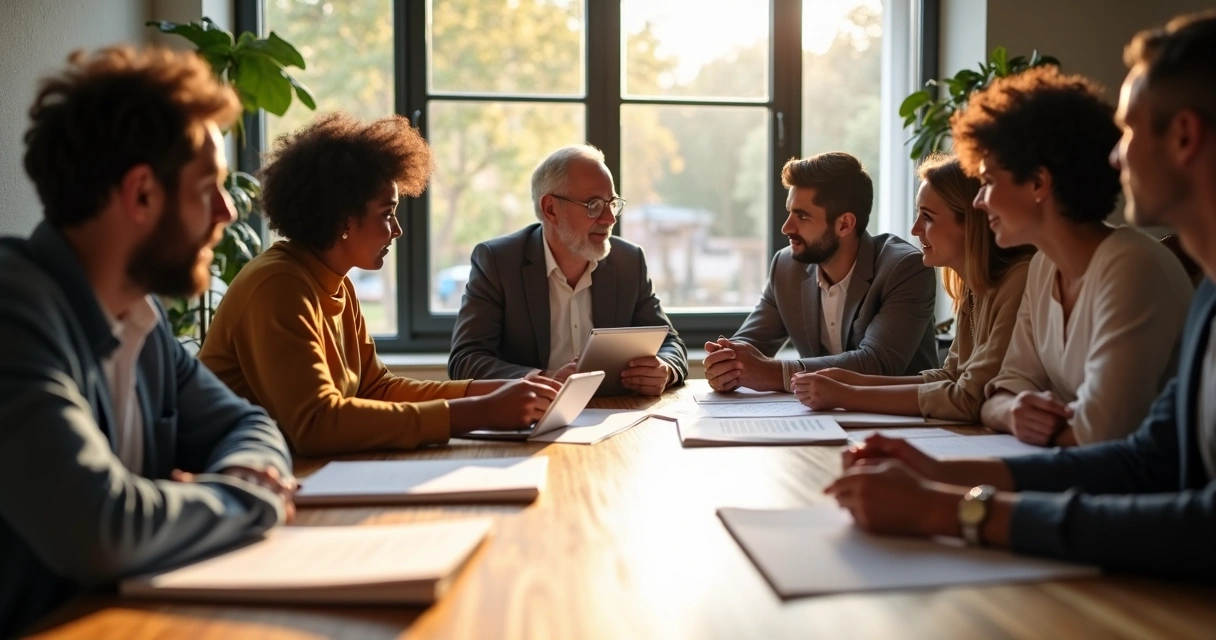 Equipe reunida ao redor de uma mesa tomando decisão conjunta 