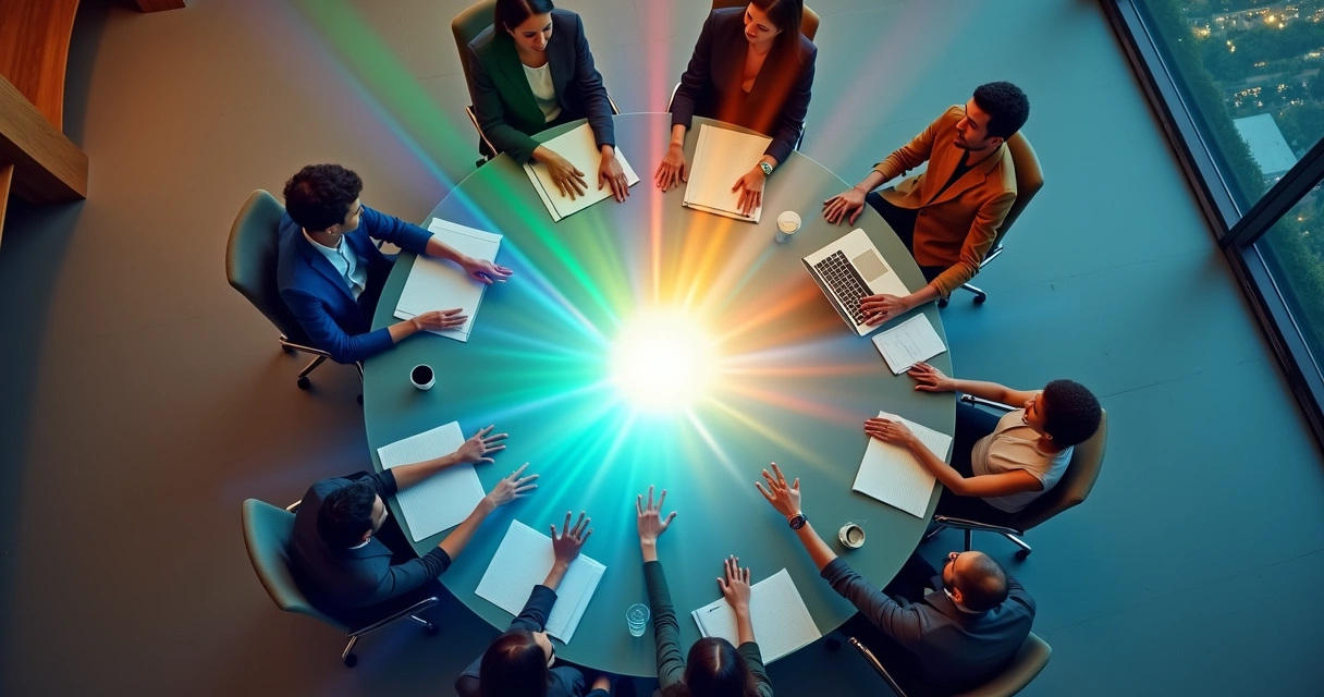 Equipe vista de cima unindo raios de luz coloridos em mesa redonda 