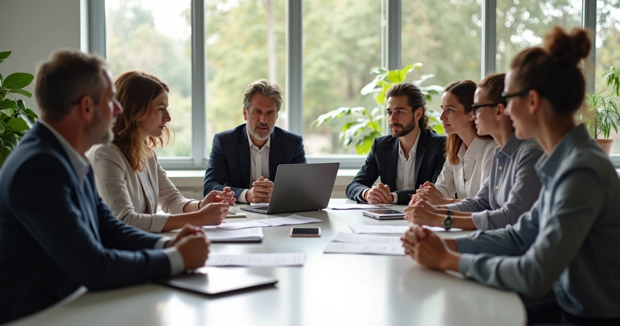 Equipe reunida à mesa, discutindo assuntos com expressão atenta