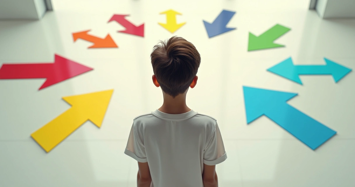 Pessoa parada diante de várias setas indicando caminhos diferentes em um piso claro 