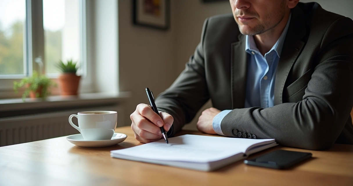 Pessoa refletindo antes de decidir com caderno e café na mesa