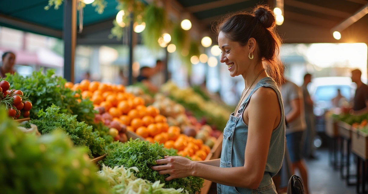 Mulher sorrindo enquanto faz escolhas em mercado 