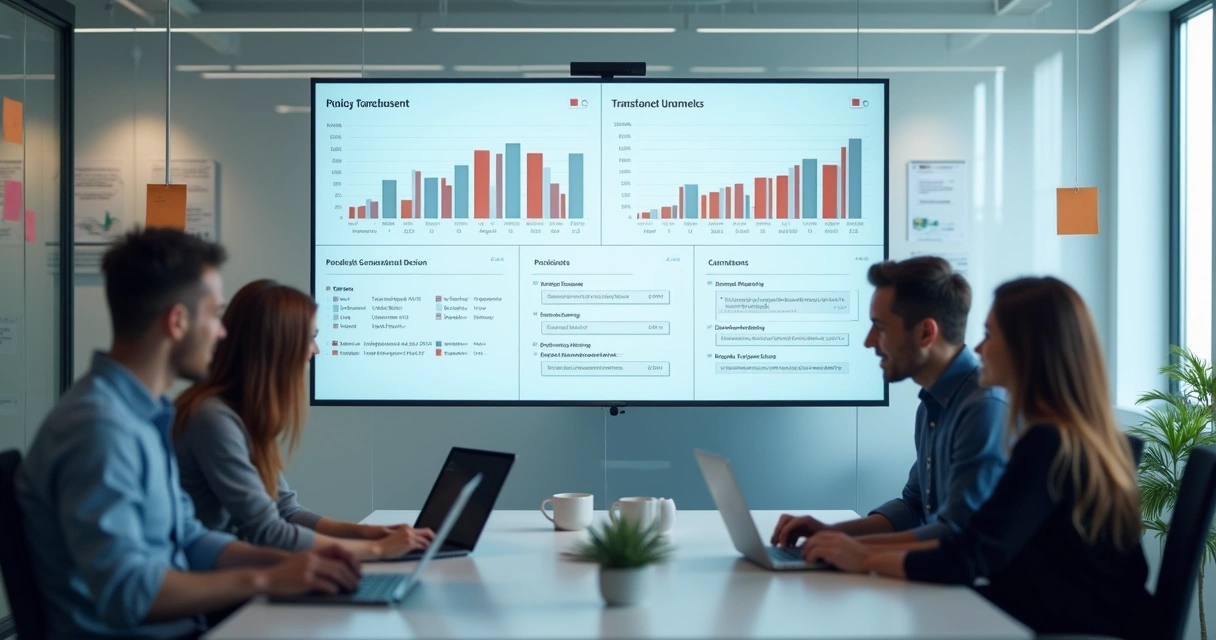 Painel digital com métricas claras e equipe analisando decisões 
