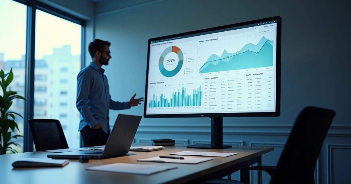 Gestor comercial observando dashboard de vendas no escritório 