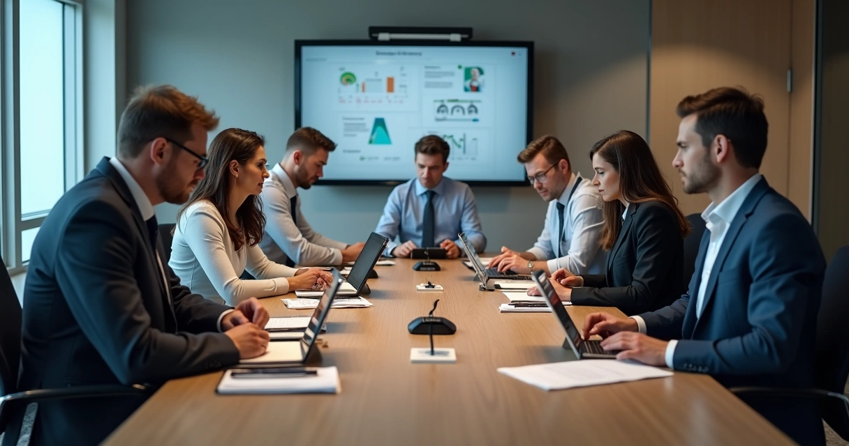 Mesa de reunião com várias pessoas discutindo papéis em vendas B2B 
