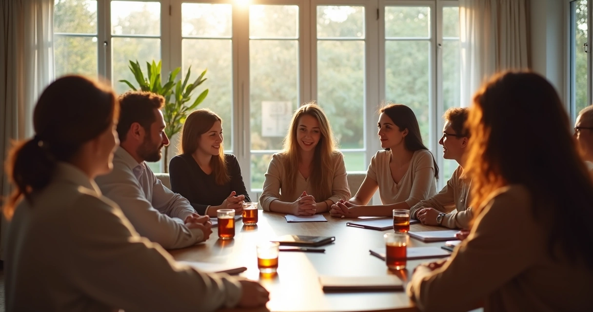 Grupo de pessoas sentadas em círculo conversando de forma respeitosa