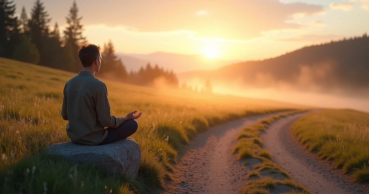 Pessoa refletindo diante de encruzilhada em paisagem tranquila ao nascer do sol 