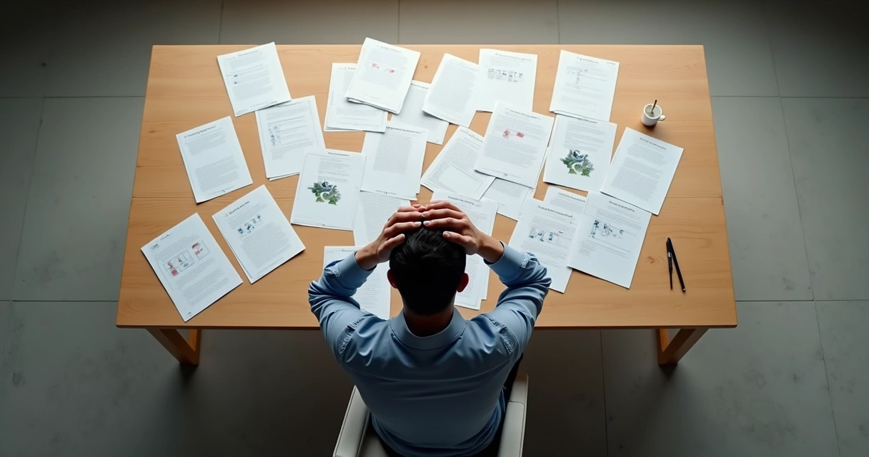 Pessoa refletindo com folhas de papel com opções de decisão ao redor