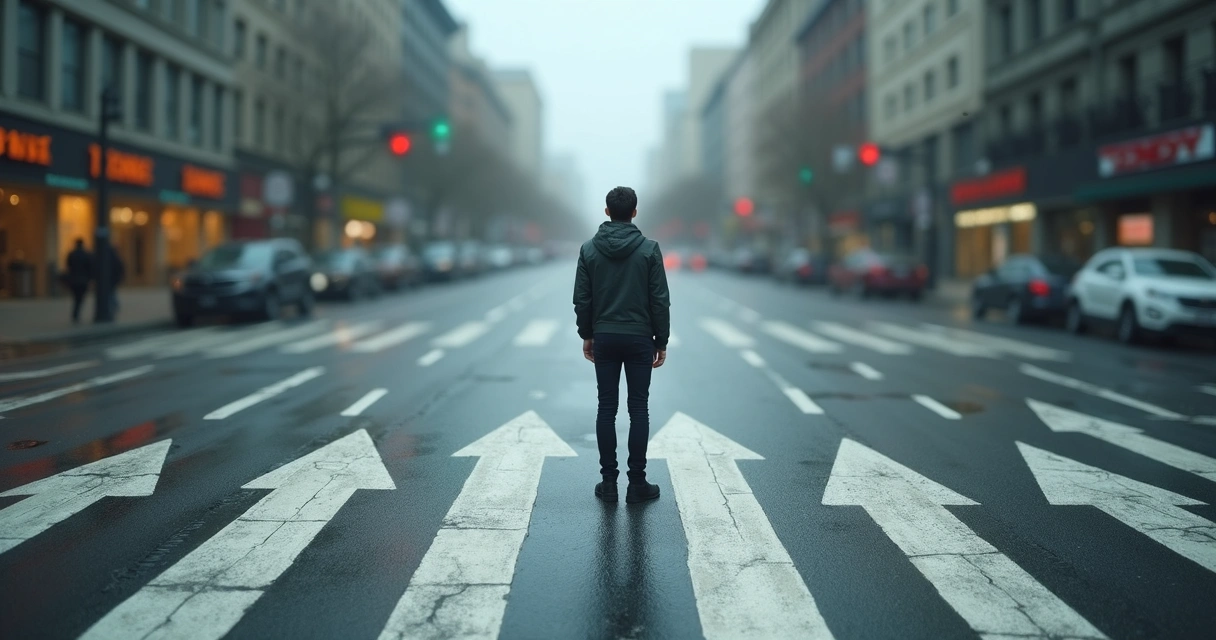Pessoa observando várias setas desenhadas no chão, simbolizando diferentes caminhos de decisão 