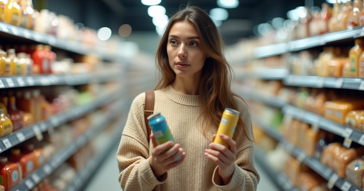 Pessoa segurando dois produtos e refletindo sobre qual comprar, prateleiras ao fundo, expressão ponderada