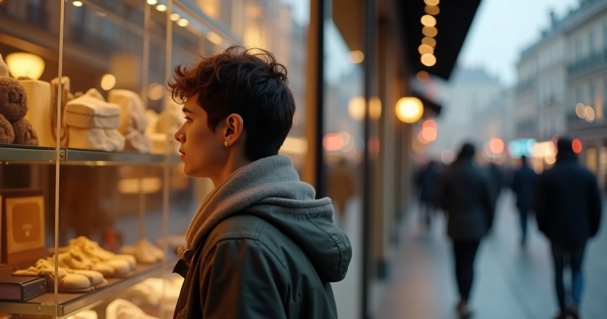 Pessoa olhando vitrine de loja com atenção e luz quente.