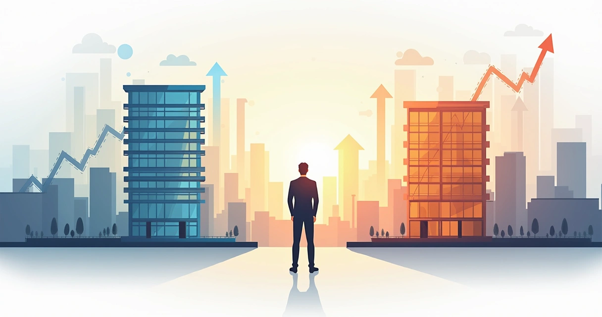 Ilustração corporativa mostrando uma pessoa decidindo sobre compra de imóvel com gráficos financeiros e casa ao fundo 