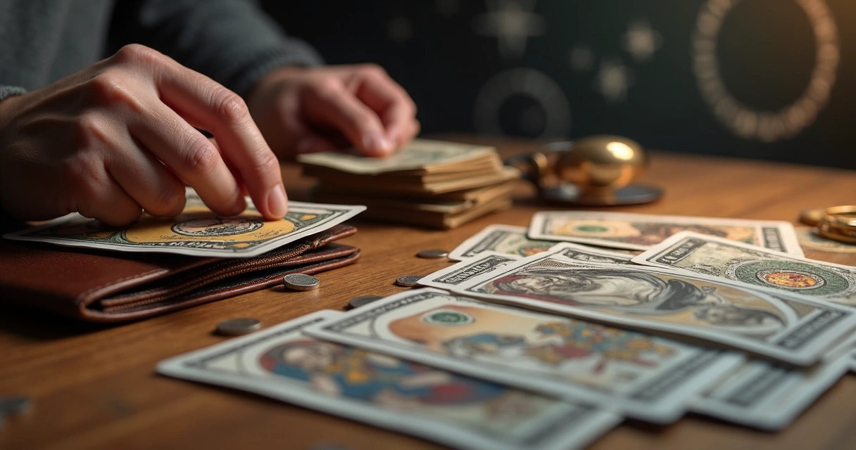 Cartas de tarot organizadas ao lado de uma carteira e notas de dinheiro 