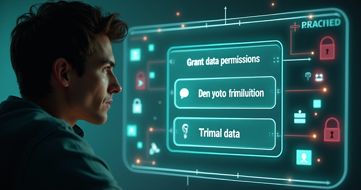 Pessoa decidindo se permite compartilhamento de dados com assistente virtual, símbolos de dúvida e privacidade 