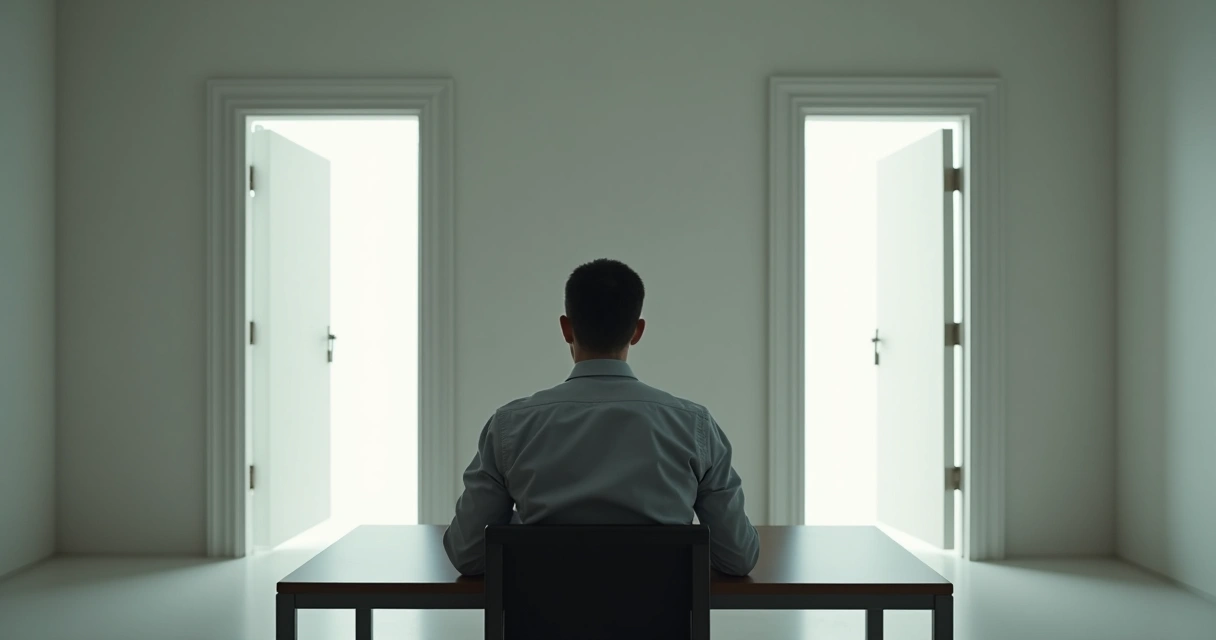 Homem sentado em uma sala, olhando para duas portas abertas em lados opostos. 