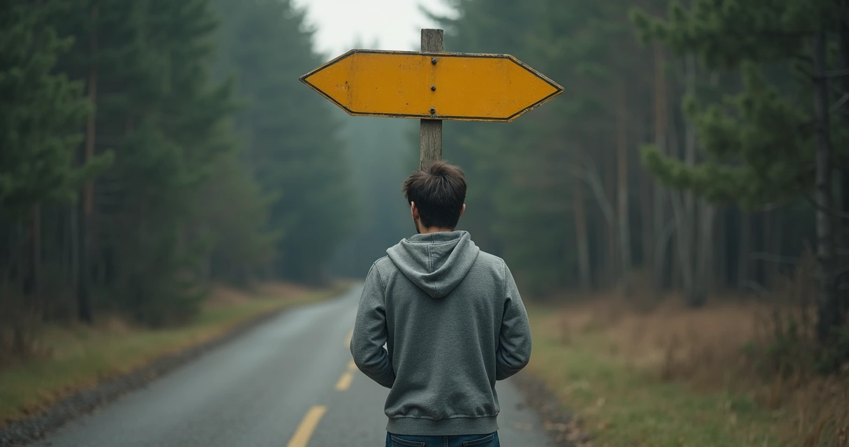 Pessoa pensativa olhando para duas placas apontando caminhos opostos 