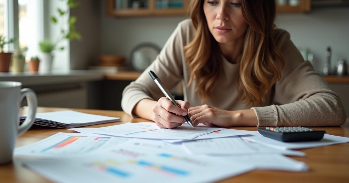 Mulher sentada à mesa avaliando contas e orçamentos do mês