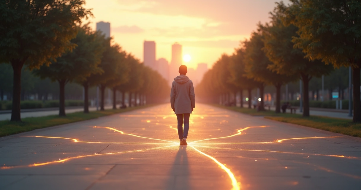 Pessoa em pé diante de múltiplos caminhos tomando decisão com clareza interior 