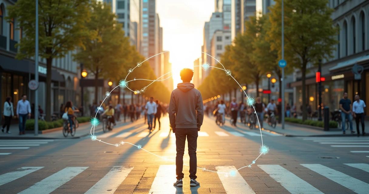 Pessoa em encruzilhada urbana conectando decisões cotidianas a uma rede de impacto humano e sistêmico 
