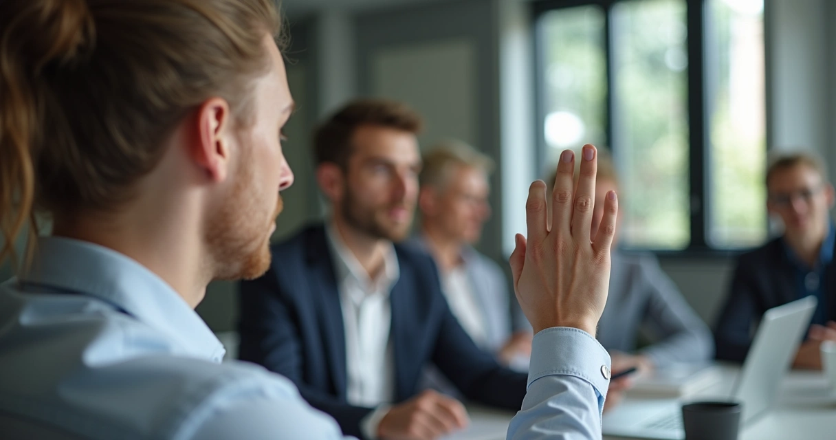 Pessoa levantando a mão para votar em uma reunião