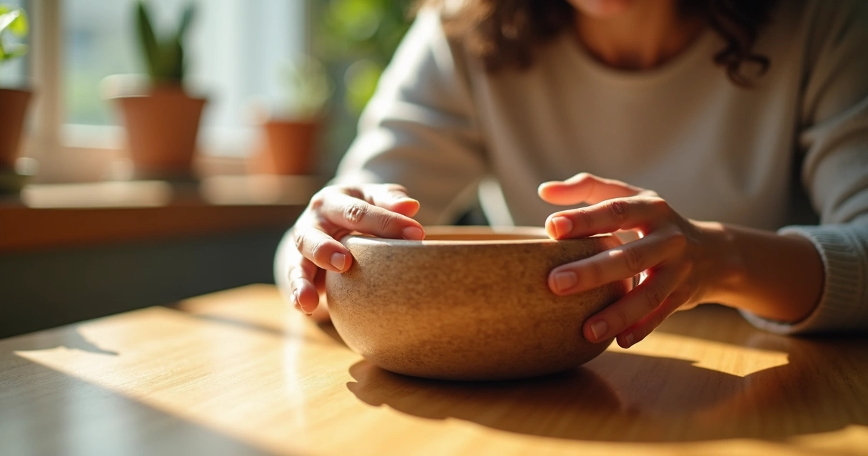 Mãos adultas segurando uma bússola sobre caderno aberto
