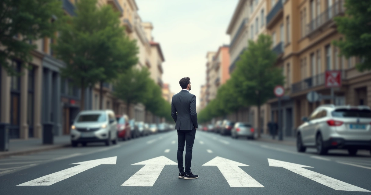 Pessoa em pé diante de encruzilhada com setas no chão, expressão neutra, ambiente urbano 