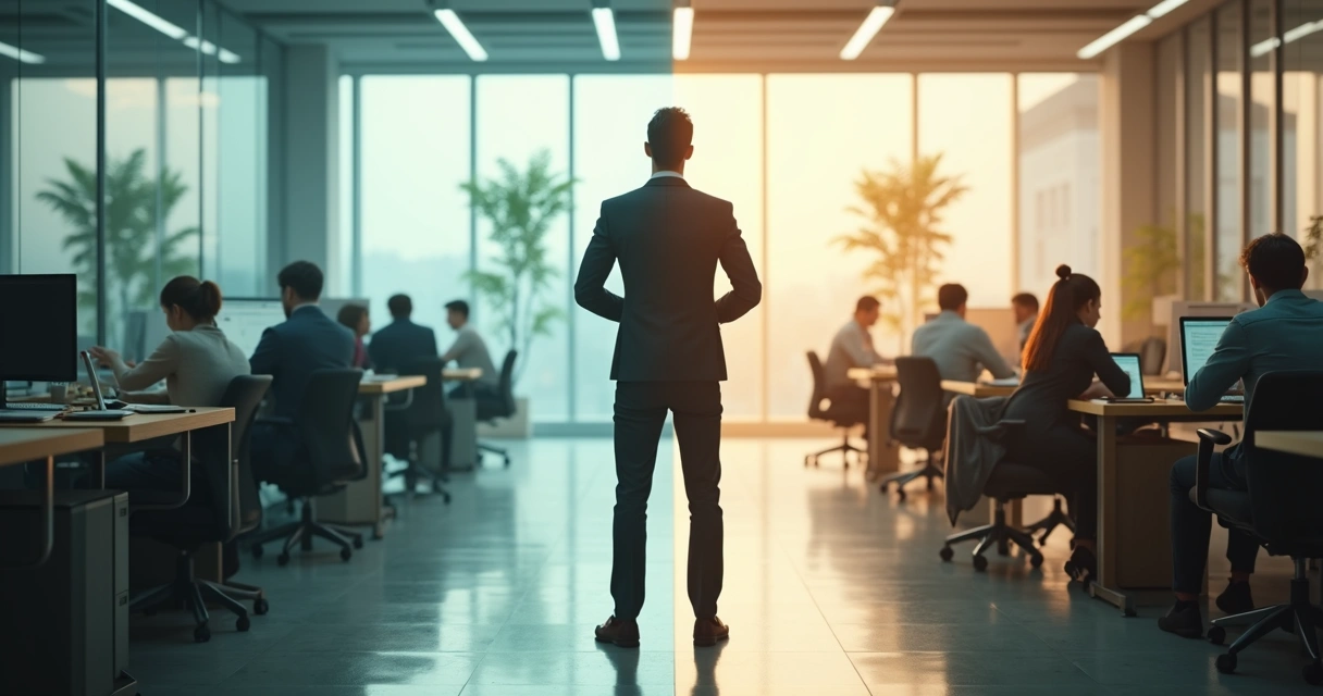 Profesional en oficina tóxica eligiendo conscientemente un camino más saludable 