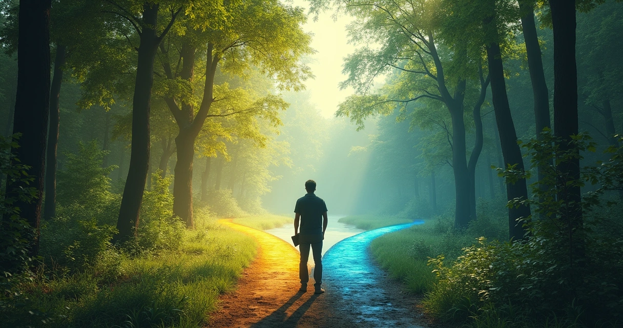 Pessoa em pé diante de múltiplos caminhos em ambiente natural 