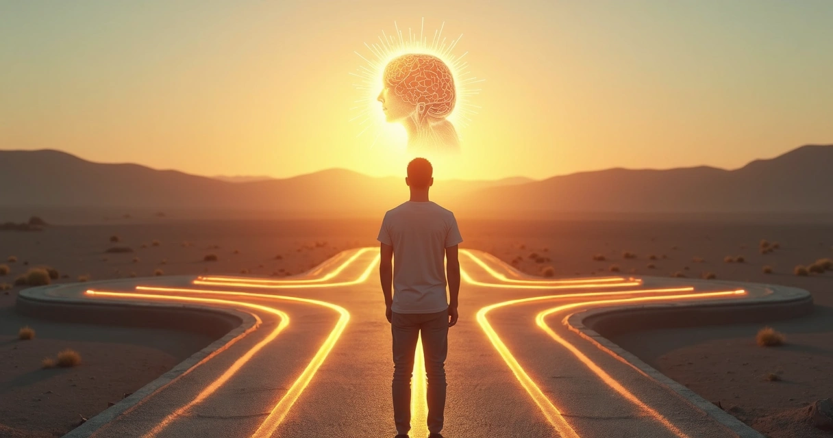 Pessoa escolhendo entre vários caminhos com mente e coração alinhados 