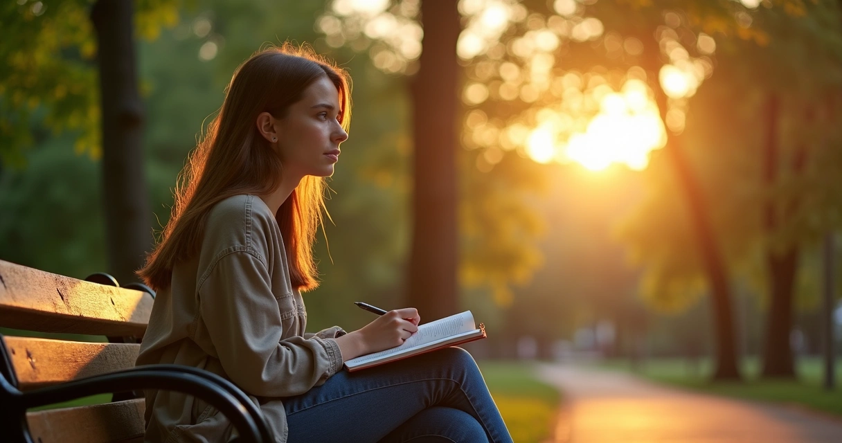 Pessoa sentada em um banco de praça refletindo sob a luz suave do entardecer, com árvores ao fundo e caderno de anotações em mãos 