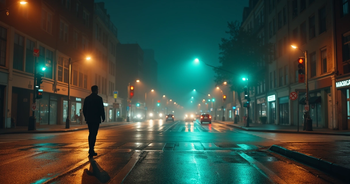Pessoa parada em cruzamento urbano noturno iluminado refletindo antes de atravessar 