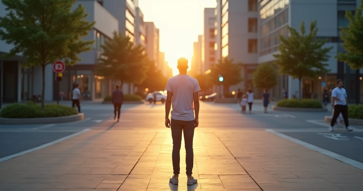 Pessoa refletindo diante de encruzilhada em cenário urbano ao amanhecer 
